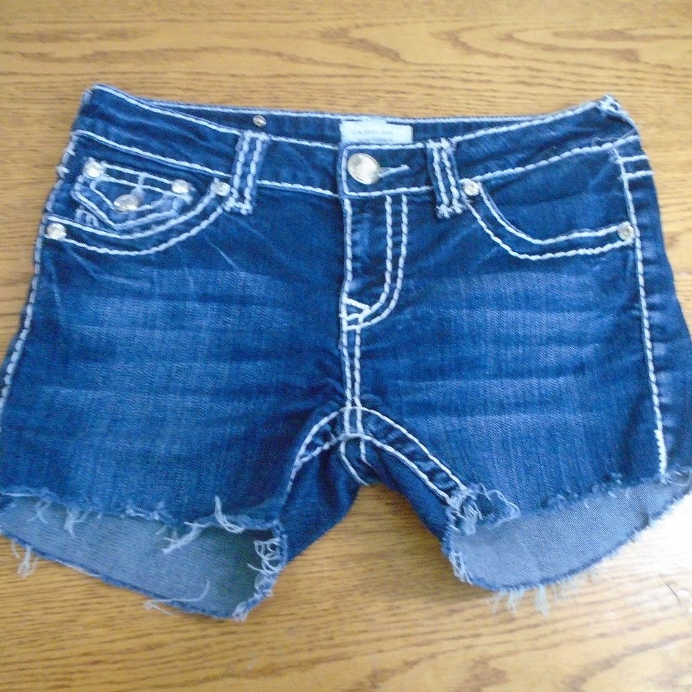 L.A. Idol Denim Cutoff Shorts lots of bling tag size 7 measured size 30 …